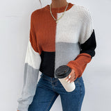 Women Knitted Sweater Fall Long Sleeve Color Matching Turtleneck Sweater Loose
