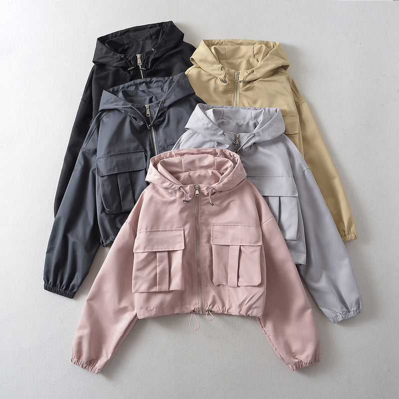 Women Jacket Fall Casual Short Coat Loose Hooded Sports Jacket Top