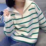 Women Knitwear Autumn and Winter Striped Lapel Zipper Sweater Sweater