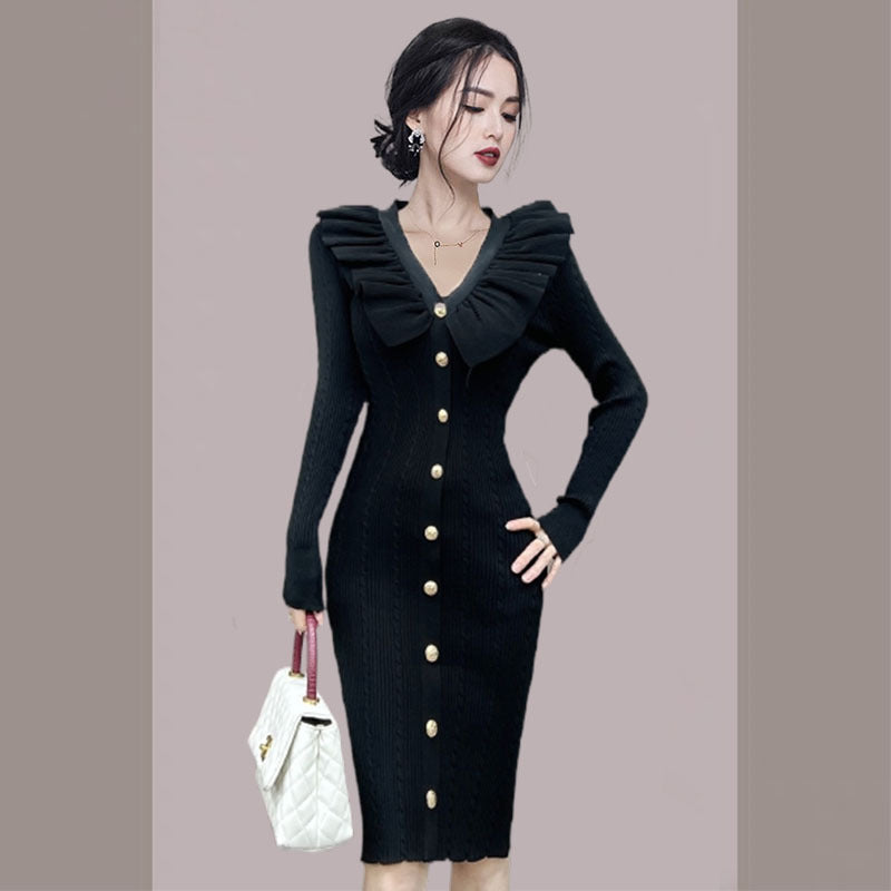 Women Maxi Dress Autumn and Winter V-neck Flounced Single-Breasted Slim Knit Dress