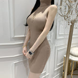 Women Dresses Turtleneck Sleeveless Knitted Dress Hip Skirt