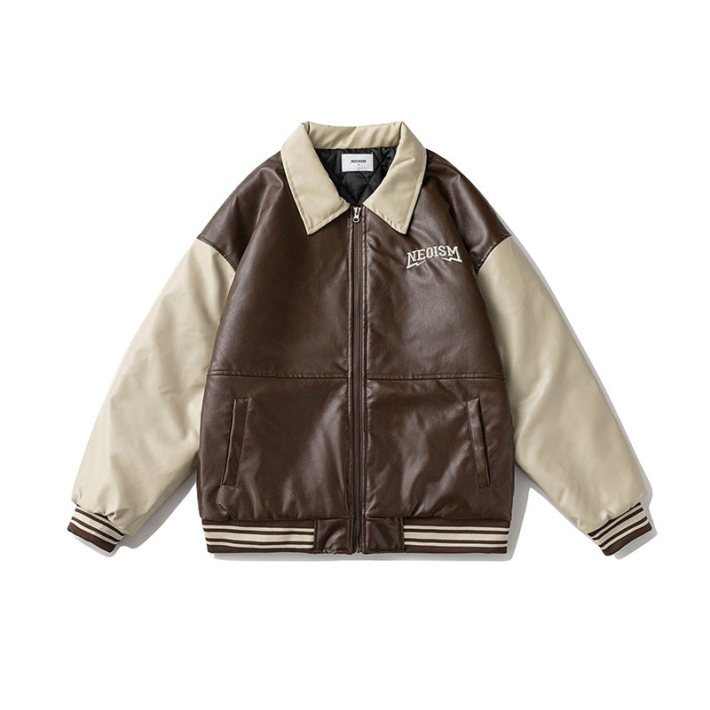 Unisex Winter Cotton Coat Letter Embroidered Lapel Cotton Coat Vintage Loose Cotton Coat