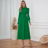 Women Date Dress Stand Collar Long Sleeve Skirt