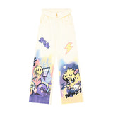 Men Sweatpants Cartoon Graffiti Printing Straight Casual Pants Men Loose-Fitting Wide-Leg Trousers