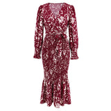 Women Date Dress Long Dress Leopard Print V-neck Belt Printed Fishtail Skirt