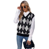 Women Knitted Sweater Autumn Plaid V-neck Thermal Knitting Sweater Vest for Women