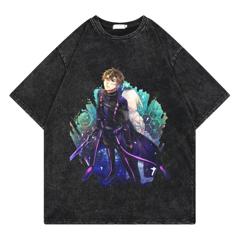 Washed retro T-shirt cartoon print casual cotton summer short sleeves