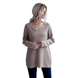 Women Knitted Sweater Autumn Casual Women's Loose Long Sleeve Solid Color and V-neck Thick Needle Sweater
