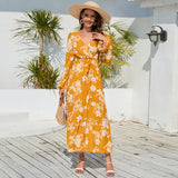 Women Date Dress Autumn and Winter Leisure Floral Print Long Sleeve Lace up Casual Dress Maxi Dress