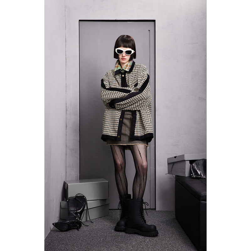 Unisex Jacket Houndstooth Jacket Men and Women Couple Loose Lapels Plaid Jacket