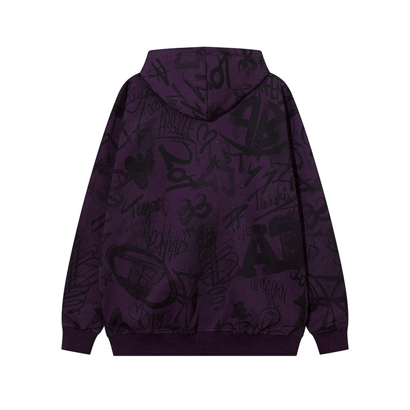 Men Hoodie Cartoon Graffiti Full Printed Hooded Sweater for Men and Women Couple Zipper Cardigan Outerwear
