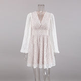 Women Dress Spring V-neck Lantern Sleeve A- line Skirt