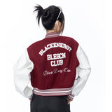 Women Jacket PU Leather Sleeve Baseball Uniform Embroidery Stitching Contrast Color Jacket Jacket
