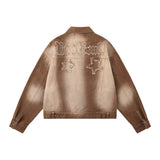 Women Jacket Five-Pointed Star Affixed Cloth Embroidered Washed White Denim Jacket