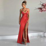 Women Dresses Spring Sexy V-neck Backless Self-Tie Slit Dress