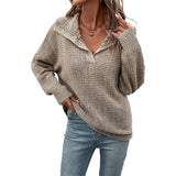 Women Knitted Sweater Autumn and Winter Solid Color Casual Long Sleeves Lapel Sweater