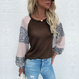 Women Knitted Sweater Autumn Long Sleeve Waffle Top Stitching Leopard Print
