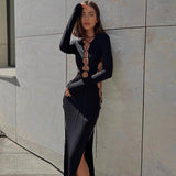 Women Dresses Autumn Sexy Hollow out Tied Slim Fit Long Sleeve Dress