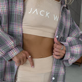 Women Trench Coat Color Plaid Shirt Autumn and Winter Thin Plaid Long Sleeve Shirt