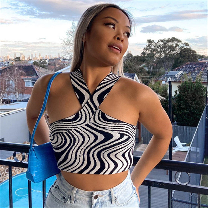 Women Knit Top Zebra Pattern I-Shaped Knitted Vest Summer Strapless Sexy Short Top