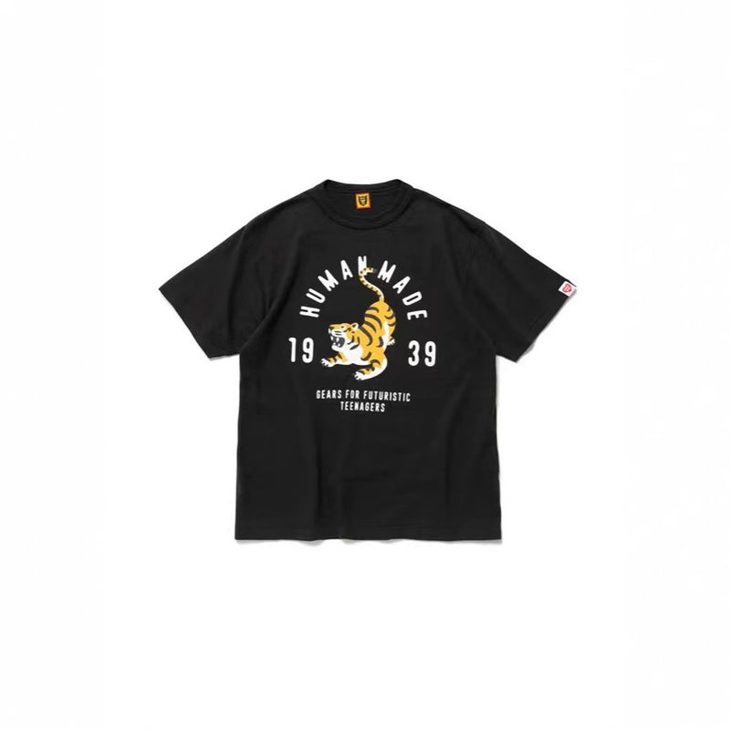 Men T-shirts Human Tiger Head Slub Cotton Short Sleeve T-Shirt Loose