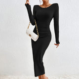 Women Dress Autumn Winter Sexy Backless Crew Neck Long Sleeve Narrow Dress