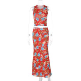 Women Co-Ord Set Vintage Printed Vest Slim Sheath Dress Suit