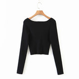 Women Sweater Knitwear Vintage Low-Neck Sweater Spring and Autumn Long Sleeve Short Top