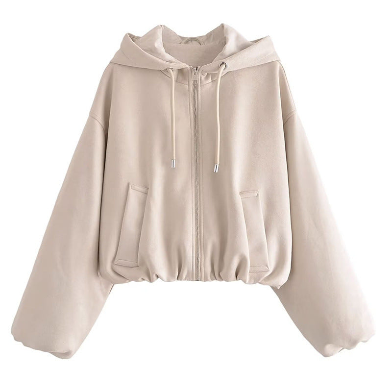 Women Jacket Autumn Loose Suede Hooded Jacket Cardigan Casual Coat