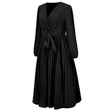 Women Date Dress Sexy V-neck Bubble Lantern Sleeve Pleated Skirt