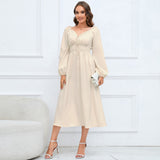 Women Date Dress Slim-Fit Long Sleeve V-neck Lace-up A- line Dress Lantern Sleeve Dress