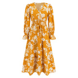 Women Date Dress Autumn and Winter Leisure Floral Print Long Sleeve Lace up Casual Dress Maxi Dress