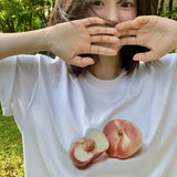 Sweet Pink Peach Printed T-shirts Summer O-Neck Women Fashion