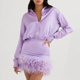 Women Dresses Short Skirt Spring Lapel Feather Long Sleeve Dress (Qymy0409)