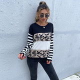 Women Knitted Sweater Loose round Neck Pullover Black and White Leopard Print Sweater
