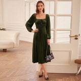 Women Dress Autumn Winter Retro Slim Fit Square Collar Long Sleeve Velvet Dress