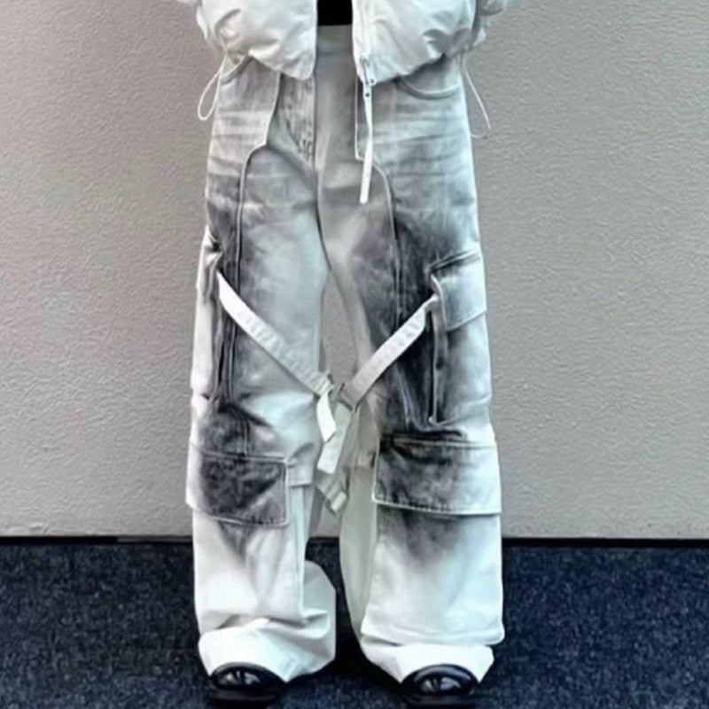 MIJKO Mens Vintage Pants Buckle Trim Loose Old Jeans