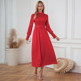 Women Date Dress Stand Collar Long Sleeve Skirt