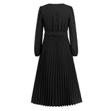 Women Date Dress Autumn and Winter V-neck Lace Pleated Lace-up Long Dress
