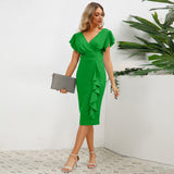 Women Date Dress round Neck Pleated Lace Dress