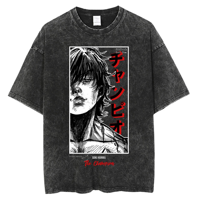 Summer Cotton Loose Washed Tops Tees Anime Print T-Shirt Men