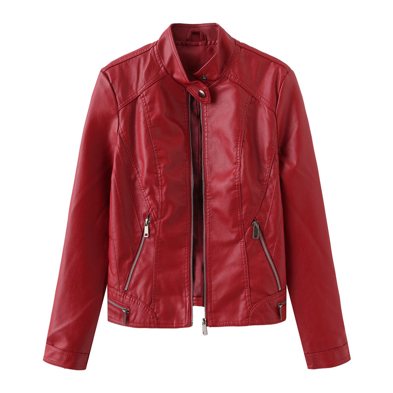 Red Leather Jacket Casual Leather Jacket Spring and Autumn Women's Leather Jacket Long Sleeve Zipped Stand Collar Coat