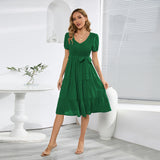 Women Date Dress V-neck Pleated Lace-up Dress