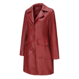 Red Leather Jacket Spring and Autumn Long Sleeve Leather Wind Coat Coat Female Lapel Single Breasted