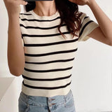 Women Sweater Knitwear Short Ice Silk Knitted Short Sleeve T-shirt