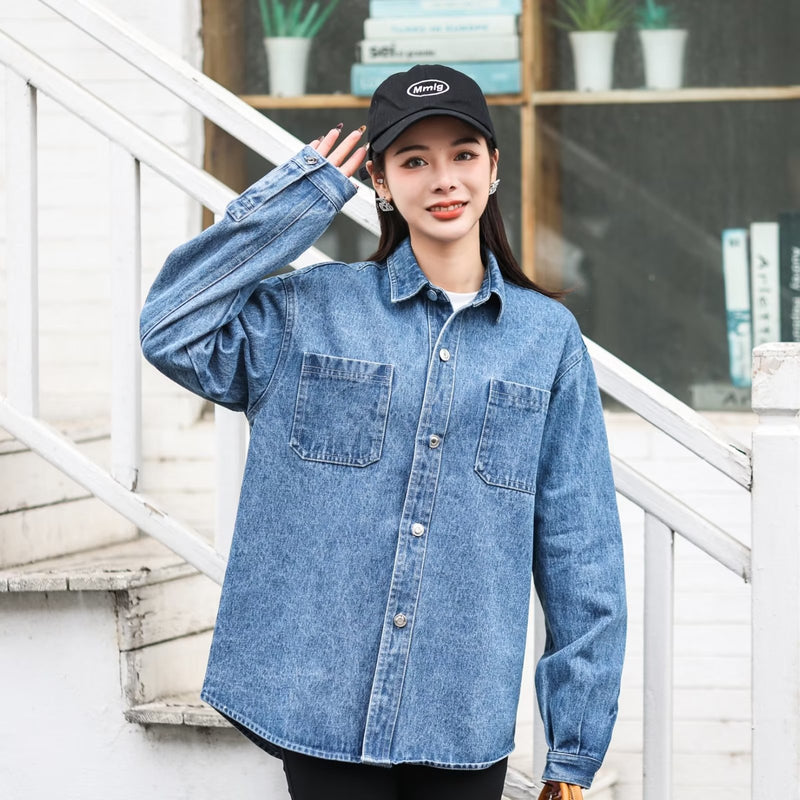 Women Jacket Long Sleeve Denim Shirt Loose Lapels Jacket