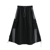 Women Long Skirt High Waist Side Striped Casual Sports Midi Dress