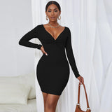 Women Dress Sexy V-neck Long Sleeve Tight Dress Hip Skirt