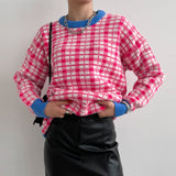 Ladies Leisure Knitwear Plaid Crew Neck Sweater Long Sleeve Top Plaid Sweater