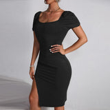 Women Dress Spring and Summer Sexy Square Collar Hip Knitwear Dress